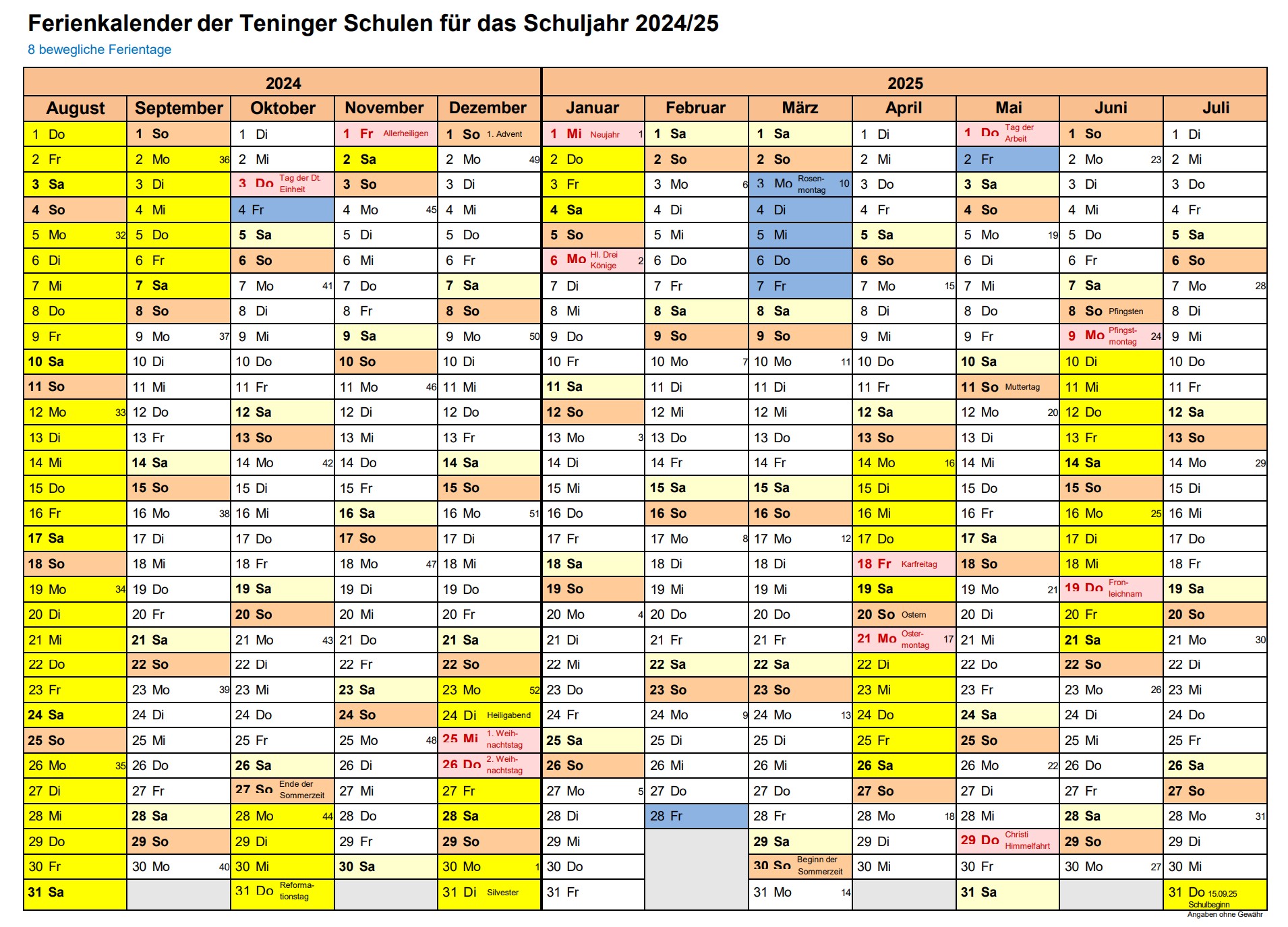 Ferienkalender 2024 2025 TFS Teningen